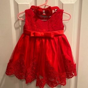 Red lace dress with satin ribbon for 3 month old - Christmas/holiday dress
